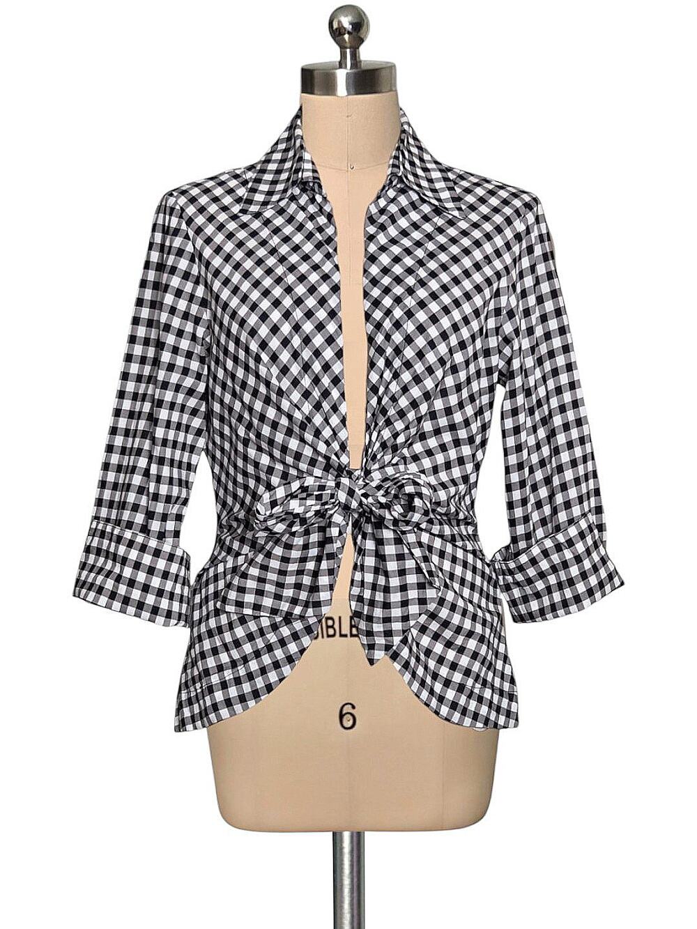 MISHCA Black White Checkered 100% Cotton Open Front With Tie Blouse Top M